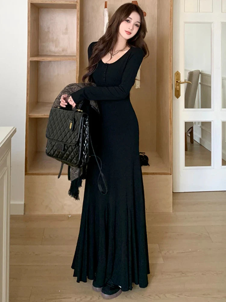 Elegant Korean Long Mermaid Dress Women Winter Sexy Slim Office Lady Party Dress Female Long Sleeve Vintage Fairy Dress Y2k