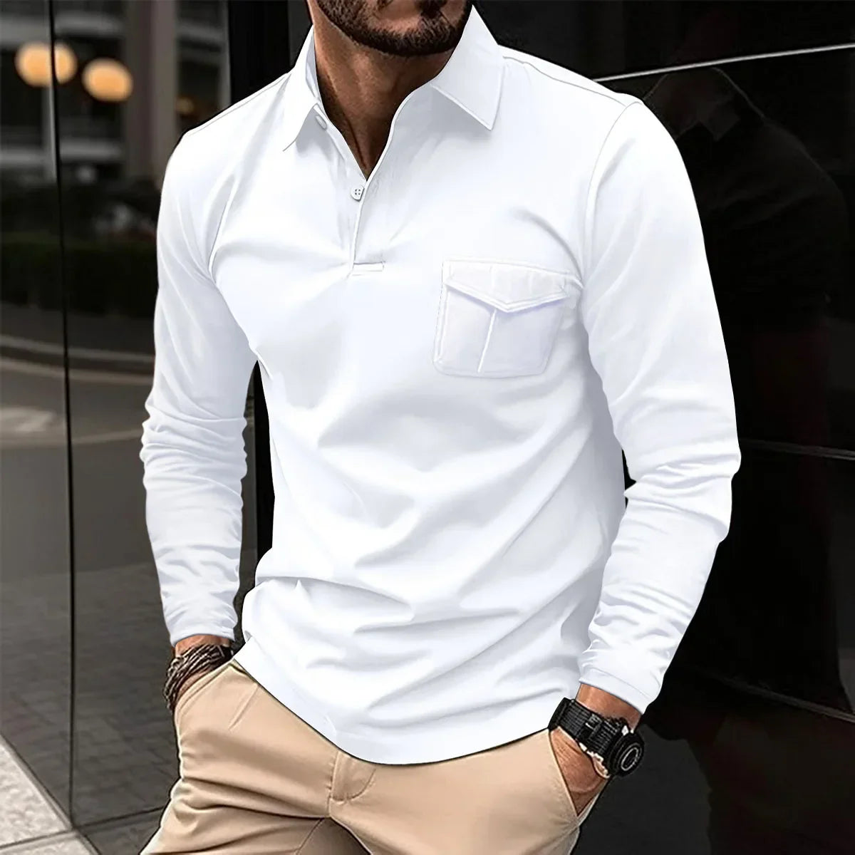 maoxiangshop Autumn And Winter New Sports Polo Shirt Men's Long-sleeved Casual Lapel Polo Shirt Solid Color Pocket T-shirt