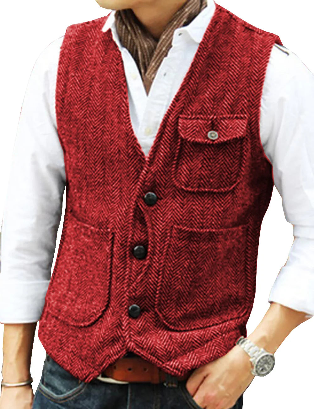 maoxiangshop Men's Vests Business Suit Vest Herringbone Tweed V Neck Formal Waistcoat For Wedding Suit Or Tuxedo Men Vest
