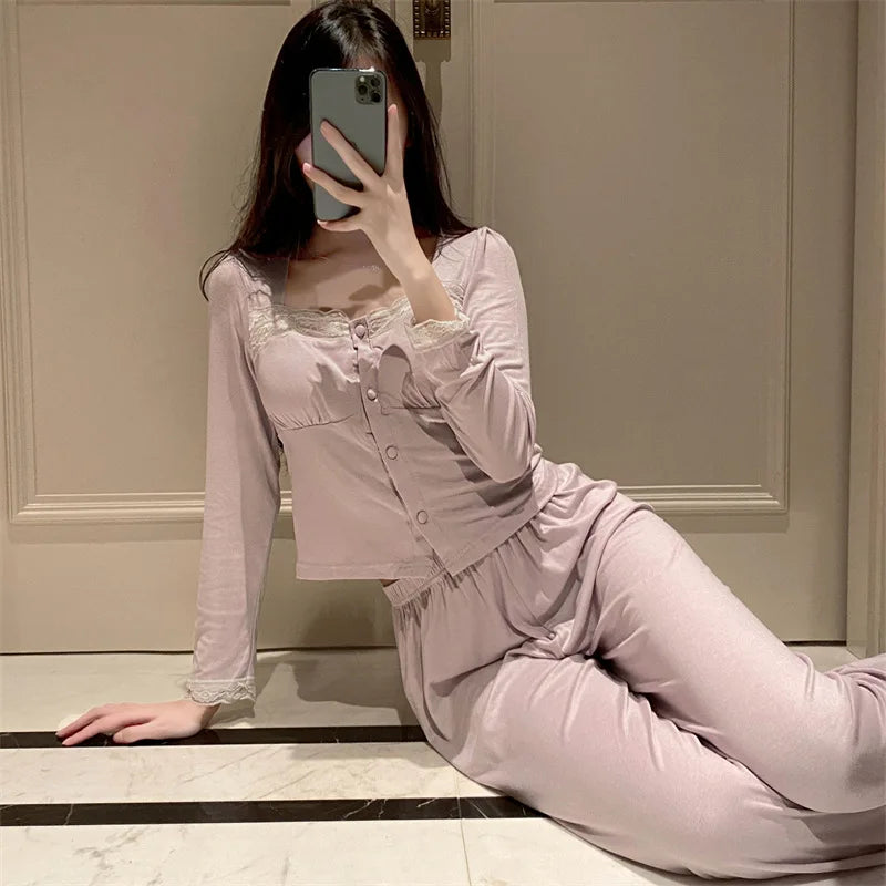 maoxiangshop - Modal Comfort Padded Top Pajamas For Women Autumn Spring Sweet Casual Lace Trim Long Sleeve Slim T-shirts + Wide Leg Pant Sets