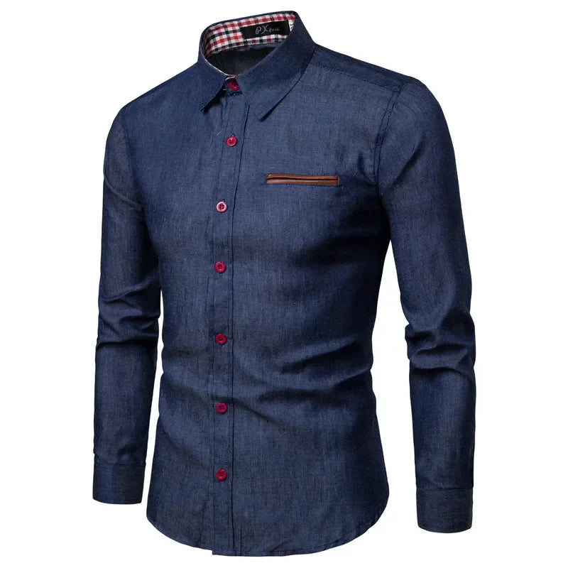 maoxiangshop Autumn Men's Pocket Panel Leather Long Sleeve Shirt Anti Denim Versatile Slim Fit Shirt