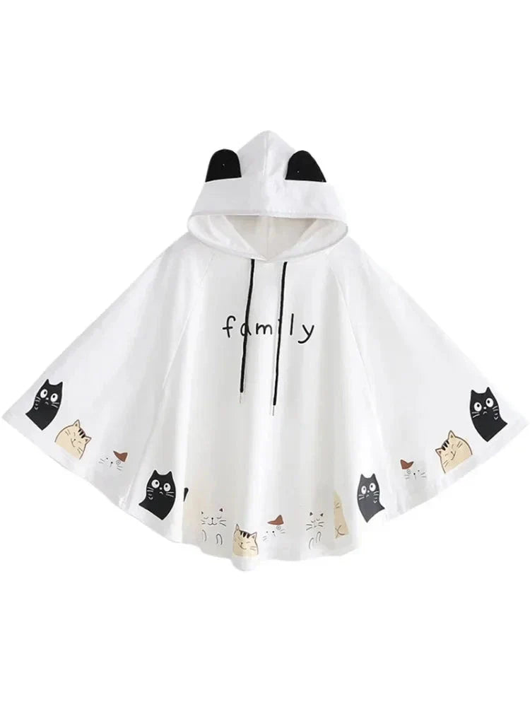 Women Cloak Outerwear Cartoon Cat Print With Ears On Hood Hoodies Coat Pullover Poncho Jacket Hooded