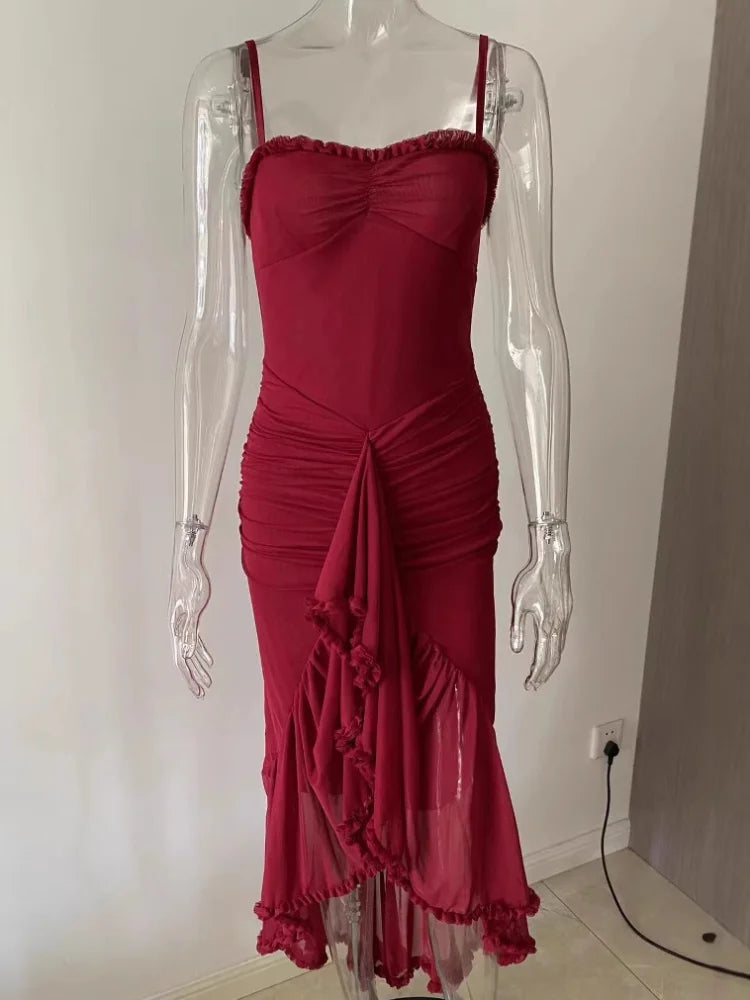Women Elegant Irregular Ruffles Hem Pleated Sling Maxi Dress Sexy Sleeveless Backless Slim Robes Lady Evening Party Dresses