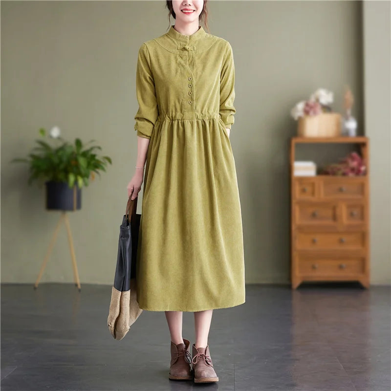 maoxiangshop Vintage Corduroy Dress Stand Collar Buttons High Waisted Midi Dress Long Sleeve Retro A Line Dress Women Pockets Autumn