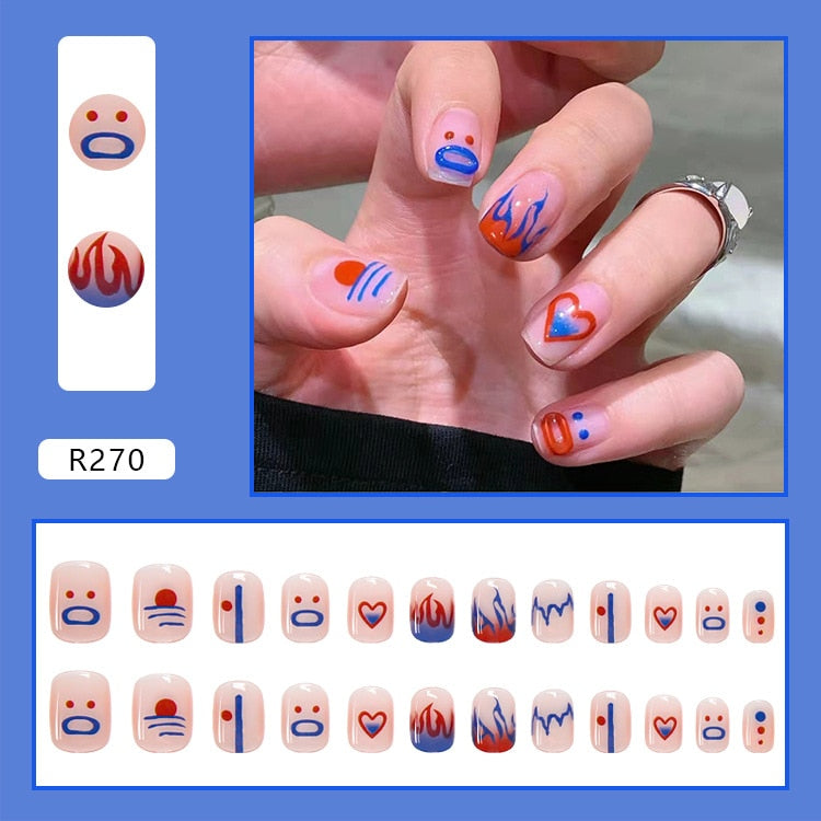 24pcs/box Fake Nails Press on Short Reusable with Designs Set French Artificial Pink kawaii False Tipsy Stick-on Nails Tips Art