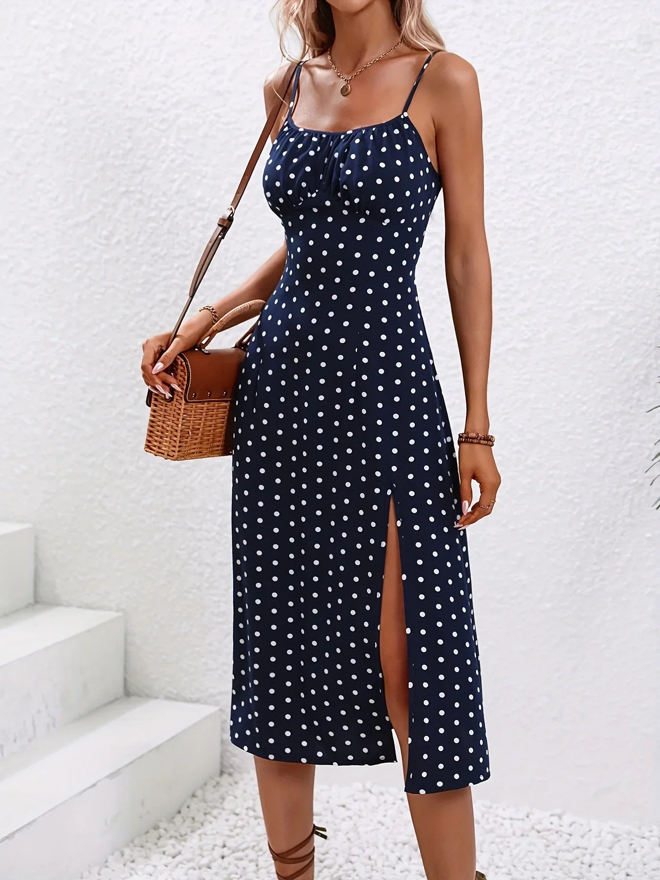 maoxiangshop 2024 Women Floral Print Spaghetti Straps Summer Boho Beach Dress Print Elegant Suspenders Square Neck Slit Dress Vestidos