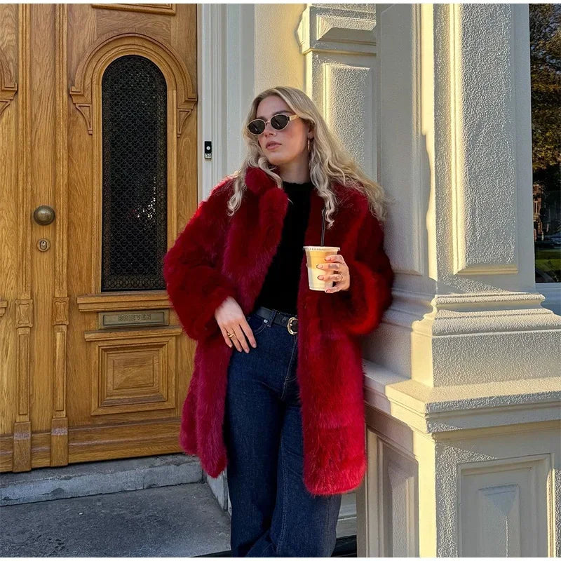 maoxiangshop - Red Faux Fur Jacket Women Lapel Full Sleeves Single Breasted Female Jackets 2024 Autumn Winter Fashion Casual Warm Lady Coats
