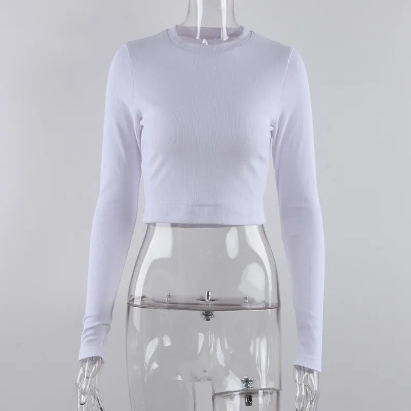 maoxiangshop O Neck Long Sleeve Shirt Women Ribbed Sexy Cropped Tops Spring Black Casual Skinny Slim Basic Woman T Shirts White