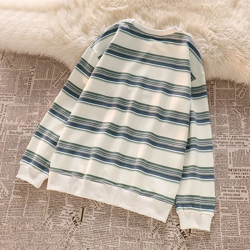 maoxiangshop Oversized Striped Pullover Sweatshirt Women Crew Neck Y2K Vintage Grunge Aesthetic Streetwear