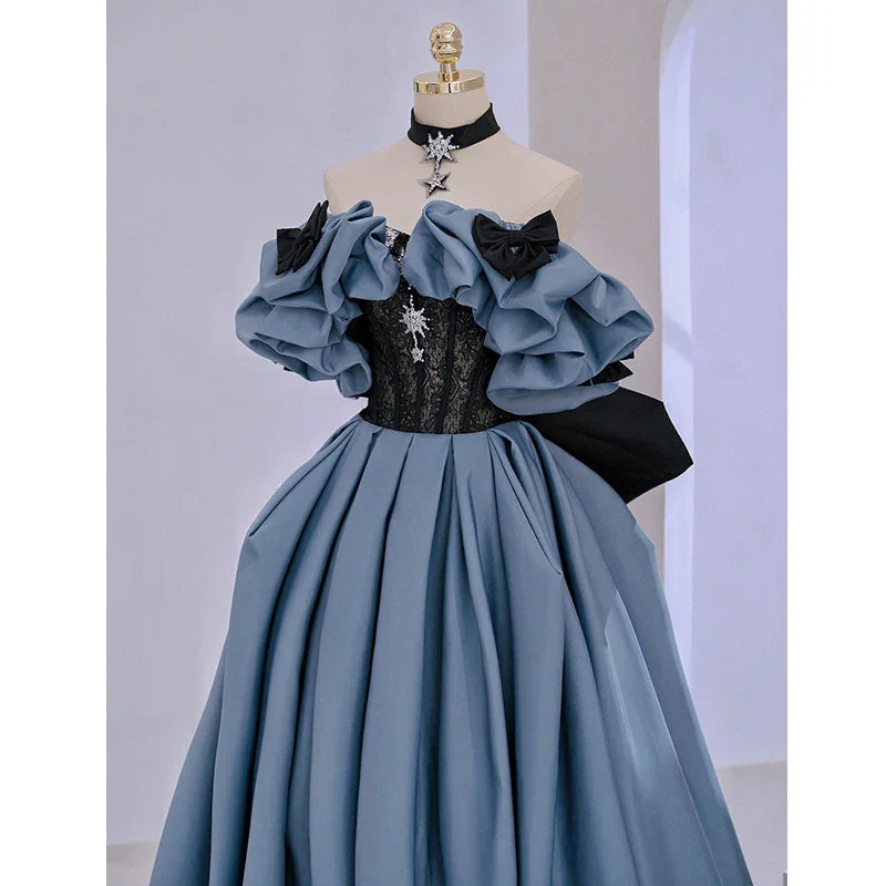 maoxiangshop Blue Satin High-End Banquet Evening Dress Annual Meeting Boat Neck Covering Flesh Princess Dresses Puff Sleeve Ball Gown
