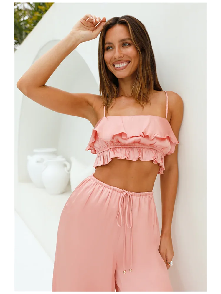 maoxiangshop - Spring Summer Women's 2024 New Elegant Satin Feeling Loose Trousers Cute Lady Fashion Drawstring Waist Straight Pink Long Pants