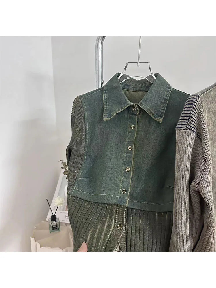 Fall Winter Women Harajuku Maillard Denim Patchwork Cardigan Tops Designer Grunge Old Money Crop Sweater Long Sleeve Knitwears