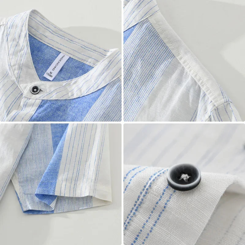 maoxiangshop 2024 Summer New 100%Linen Pullover Short Sleeve Shirts for Men Fashion Striped Casual Loose Shirts