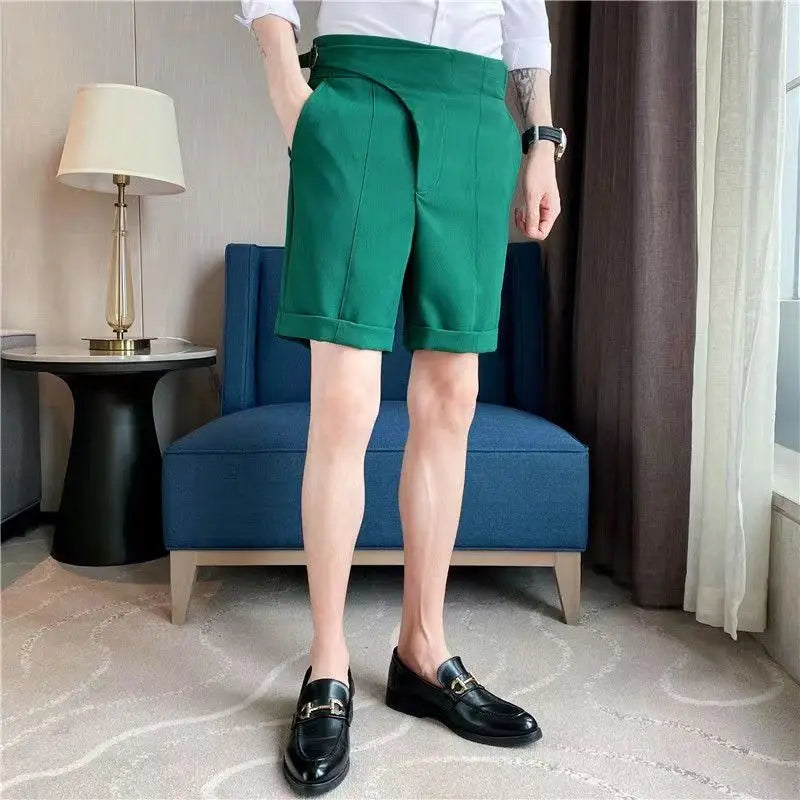 maoxiangshop British Style Casual Suit Shorts Mens Waist Buckle Button Naples Knee Length Pants Summer Thin Fashion Business Slim fit Shorts