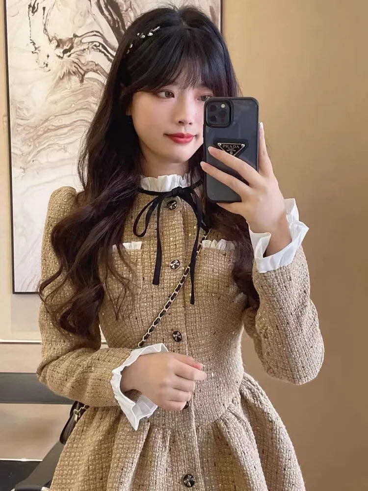 maoxiangshop Slim Waist Korean Style Women Dress New Ruffled Bow Single Breasted Fashion Female Mini Dresses Sweet Elegant Streetwear