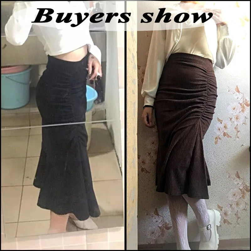 maoxiangshop Fashion High Waist Midi Skirts for Women Spring Slim Fit Hip Mermaid Skirt Woman Korean Ruffles Brown Skirts 2XL
