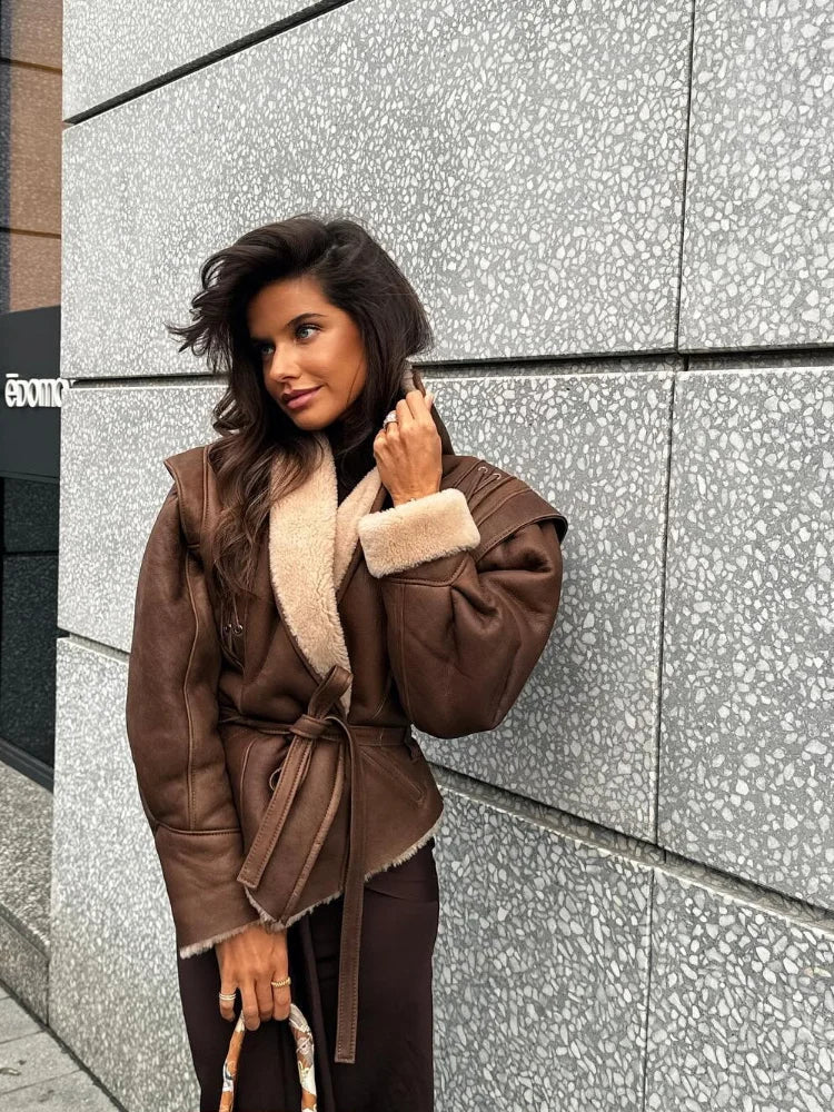 maoxiangshop - Fashion Warm Furry Leather Woman Jacket With Belt Chic Lapel Long Sleeve Motorcycle Coat Lady 2024 Winter High Street Outerwear