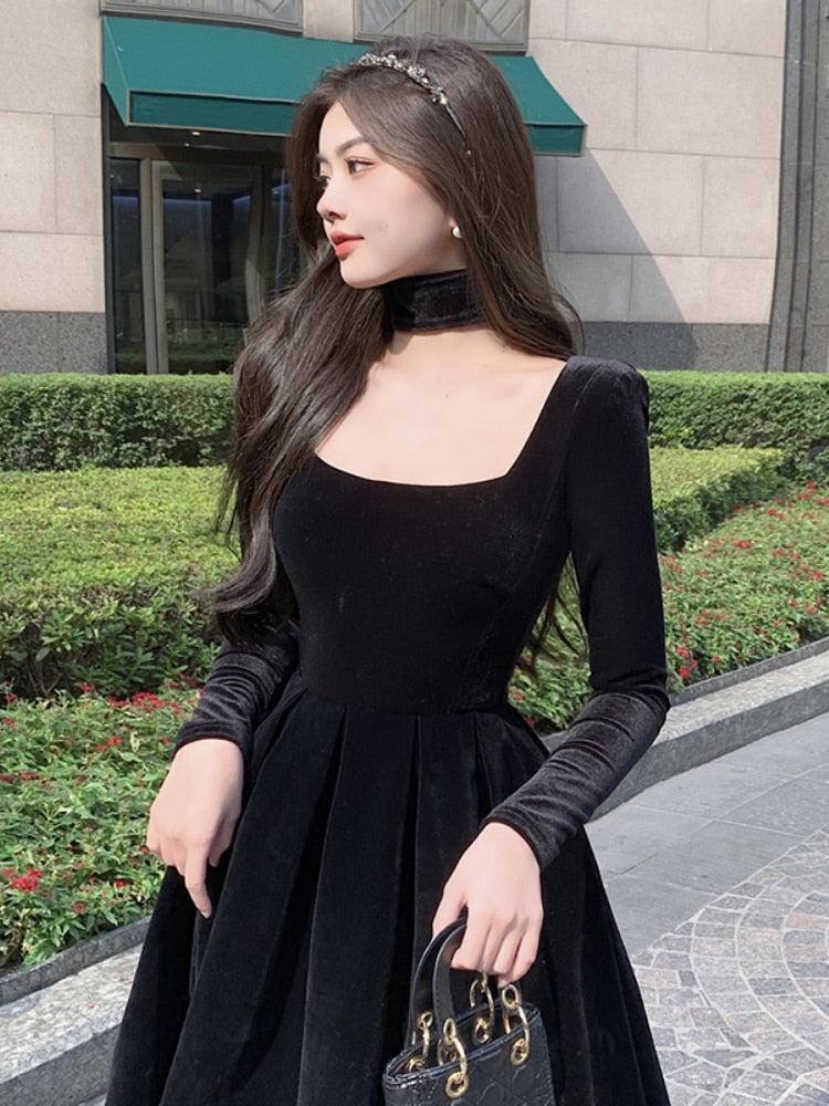 maoxiangshop Velvet Elegant Evening Party Midi Dresses Ladies Black France Vintage Dress Women New Winter Korean One-piece Dress Autumn