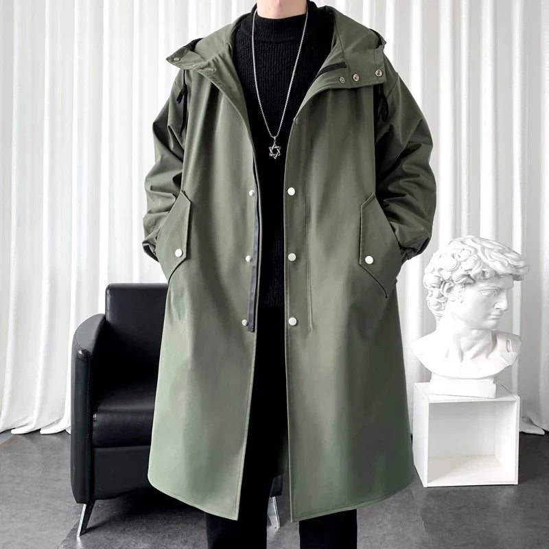 maoxiangshop New Autumn Men's Jacket Trench Coats Pie Over Solid Color Hooded Men's Fashion Handsome Leisure Long Jacket Trench Coats