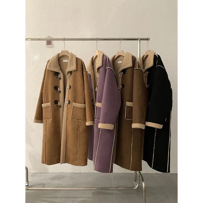 maoxiangshop - Korean Winter Fashion Suede Lamb Wool Splice Coat Fashion American Retro Coat High-End Long Single-Breasted Thicken Warm Coat