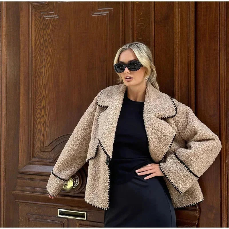 maoxiangshop - Elegant Solid Lapel Lamb Wool Wram Jacket Women O Neck Long Sleeves Slim Pocket Coats 2024 Autumn Winter Fashion Warm Outerwear