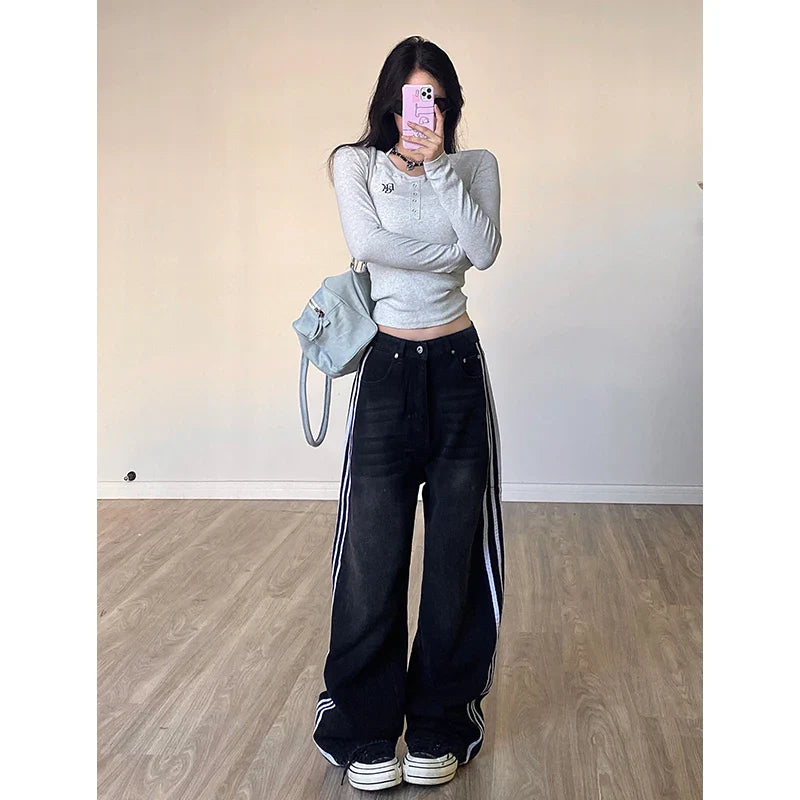 Black High Waisted Women Straight Jeans Streetwear Fashion Contrasting Colors Vintage Wide Leg Winter Female Denim Trouser