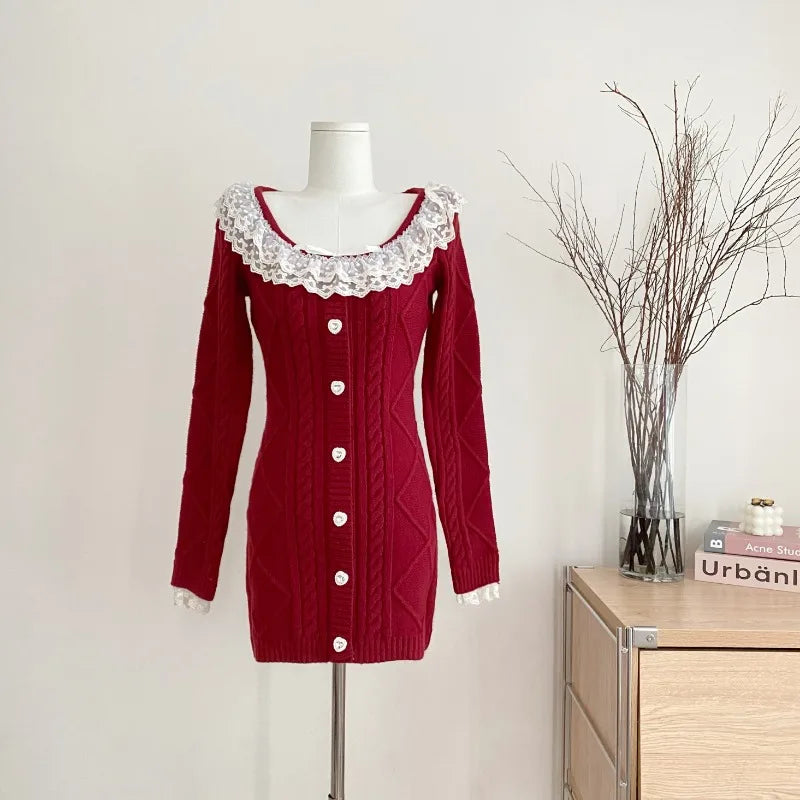 maoxiangshop Autumn Elegant Slim Knitting Lace Dress Women Sexy Bodycon Y2k Mini Dress Casual Short Party Korean Fashion Dress Design