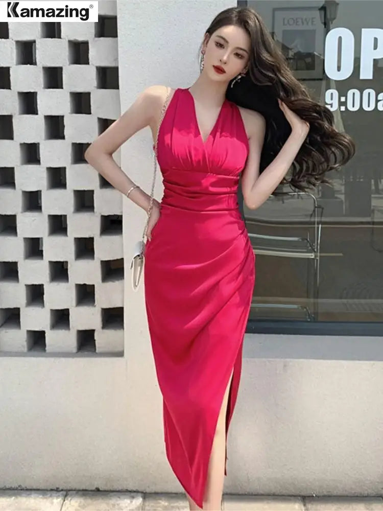 Summer Elegant Sexy V-Neck Split Bodycon Sheath Pencil Dress Women Pleated White Party Dresses Female Work Clothes
