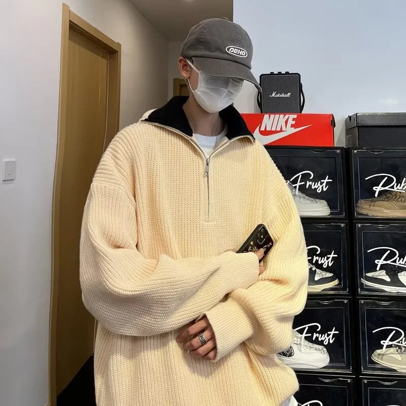maoxiangshop FALL OUTFITS MEN Autumn Men's Half Zipper Knitted Pullover Sweater Y2K Vintage Casual Knitwear New Stand-up Collar Loose jersey hombre