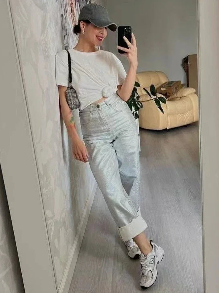 maoxiangshop - Loose PU Women Pants Solid Casual High Waist Pockets Fashion Streetwear Woman 2024 Autumn Winter New Baggy Bottoms Femme