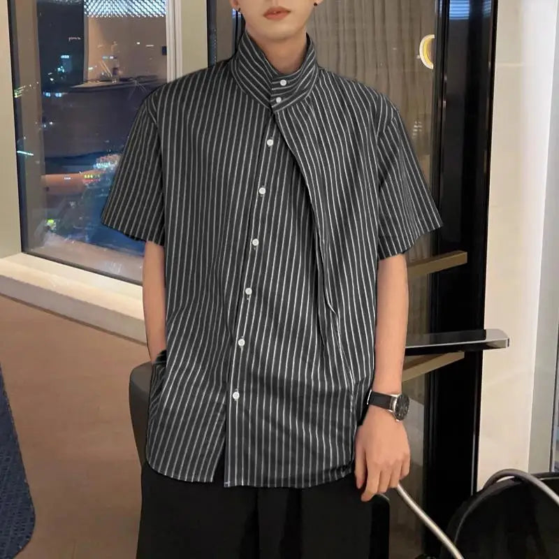 maoxiangshop 2024 Men Striped Shirt Stand Collar Short Sleeve Summer Streetwear Men Clothing Pleated Fashion Casual Male Shirts S-5XL
