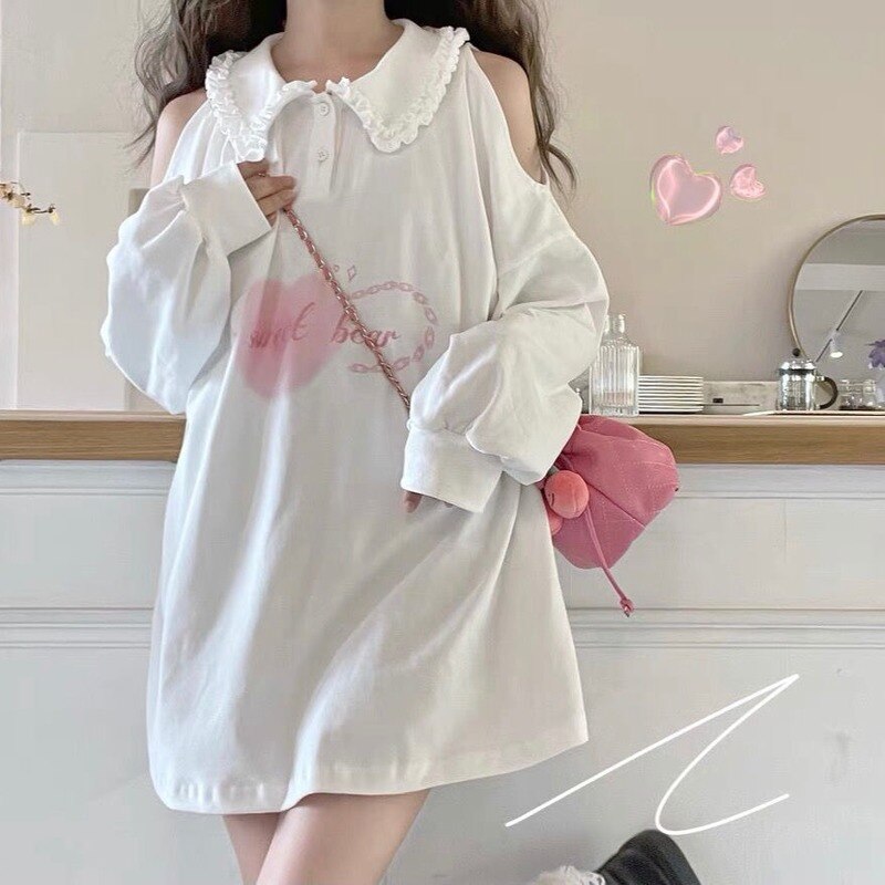 maoxiangshop HOUZHOU Kawaii White Hoodies Women Japanese Cute Heart Print Off-shoulder Long Sleeve Sweatshirt Soft Girl Korean Fashion Top