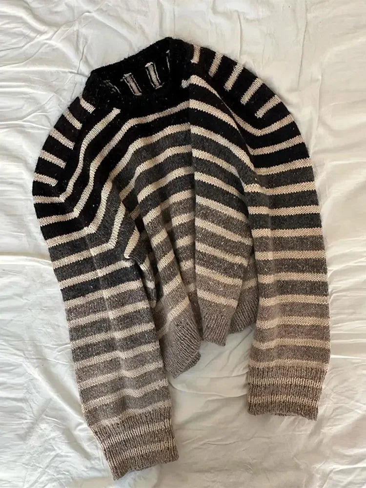 maoxiangshop - Women Fashion Gradient Striped Knitted Pullover Casual Round Neck Long Sleeves Loose Sweater Autumn Female Commuting Jumper
