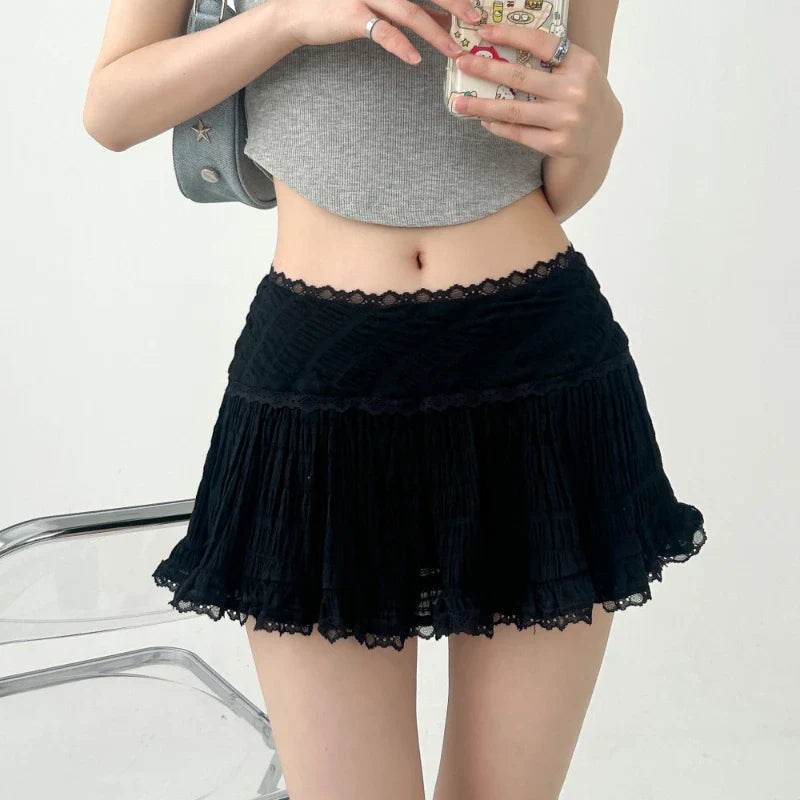 maoxiangshop Coquette Mini Skirt Women Summer Y2k Lace Mesh Patchwork Sexy High Waist A-line Kawaii White Ruffle Skirt Fairycore