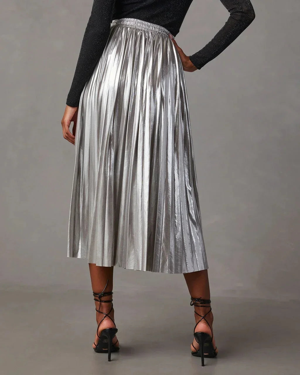 maoxiangshop - New Fashion Giny Pleated Long Skirts Autumn Winter High Waist A- Shaped Midi Long Metallic Pleated Skirt for Women Skirts