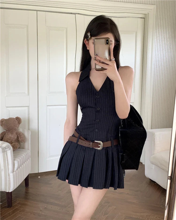 Summer Woman Fashion V-neck Sleeve Striped Dress Clothing High Waist A-line Summer Vestido Female Pleated Y2k Mini Dresses