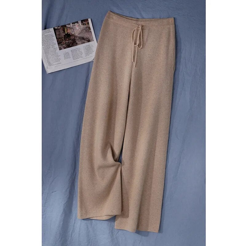 maoxiangshopWhite Woolen Knitted Trousers Wide-Leg Pants Wool Pants Autumn Women's Autumn and Winter Spring and Autumn Straight Casual