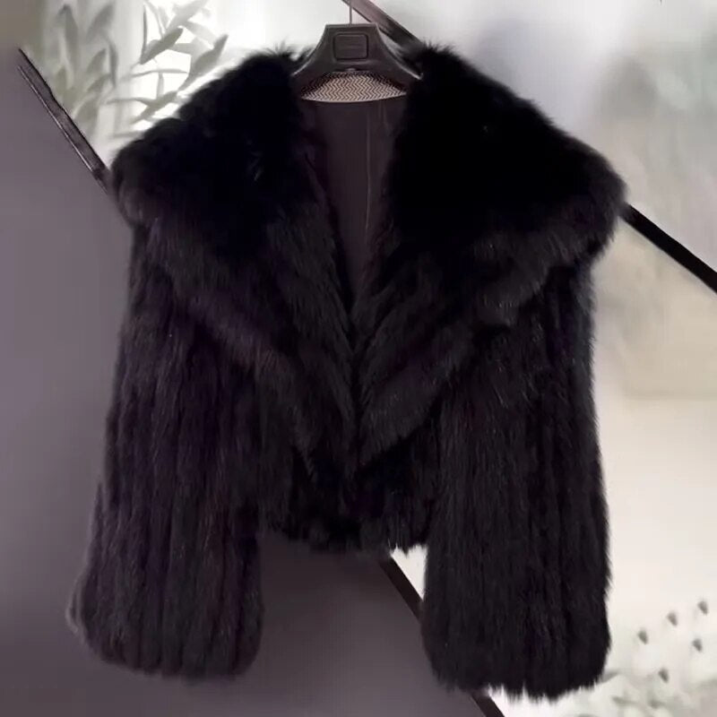 maoxiangshopWomen's Fur Coat, Navy Collar Stripe Top, Woven, Eco, Short, Winter, New