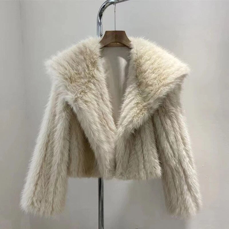 maoxiangshopWomen's Fur Coat, Navy Collar Stripe Top, Woven, Eco, Short, Winter, New