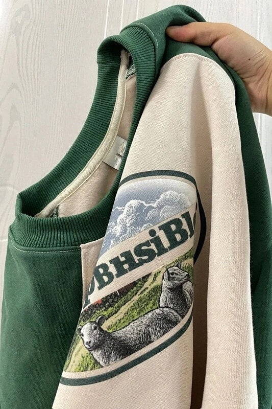 maoxiangshopWomens Clothing Green Vintage Street Sweatshirt Hoodie Letter Printing Long Sleeves Casual Warm Oversize Baggy Ladies Tops