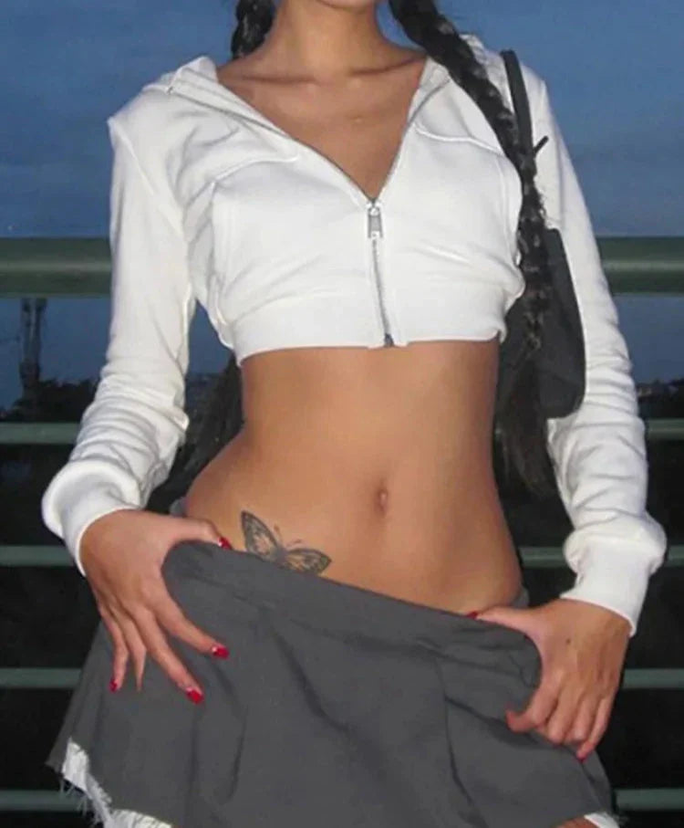 maoxiangshop Y2K Aesthetic Vintage Basic Zip Up White Cropped Hoodies 2000s Fashion Big Pockets Front Hooded Long Sleeve Sweats Cute