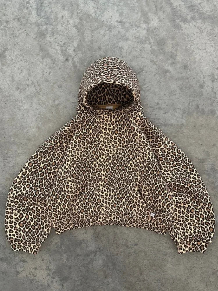 maoxiangshop Y2k Leopard Print Vintage Hoodies Women American Retro Fashion Streetwear Hiphop Oversized Hooded Sweatshirt Autumn