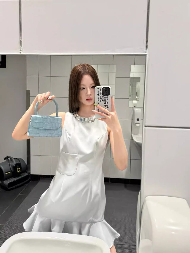 Korean heroine summer new, rhinestone collar sleeveless dress vest skirt women's design fishtail skirt