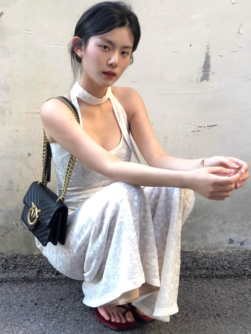 Slightly transparent jacquard dress for women, n Spice Girl sleeveless high-end vacation style hanging neck floral stacking long dress
