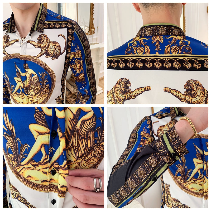 Luxury Print Men's Shirt Fashion Club Clothing Mens Designer Brand Floral Shirt Slim Long Sleeve Camisa Baroque Slim Party Shirt