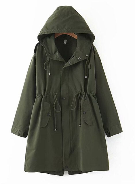 Women's Hooded Trench Coats Casual Loose Zip Closure Windbreaker Drawstring Waist Long Overcoat