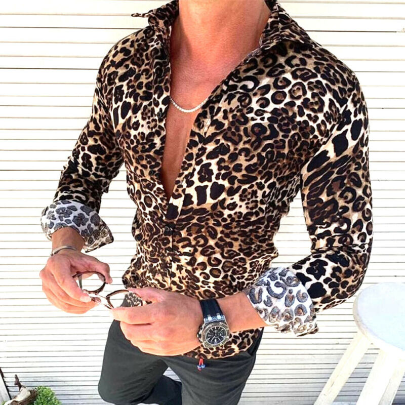 Fashion Men's Plaid Leopard Printed Shirts Casual Cotton Linen Shirt Mens Tops Button Down Classic Tees Shirt