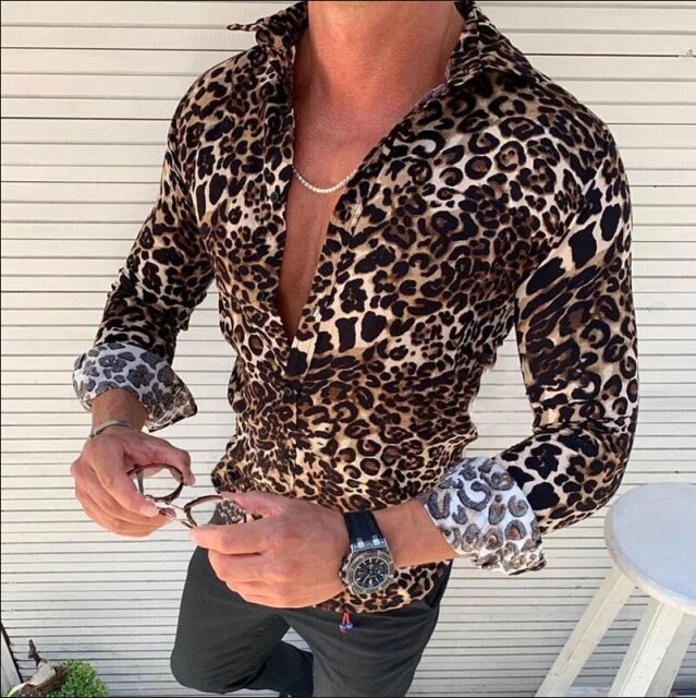Fashion Men's Plaid Leopard Printed Shirts Casual Cotton Linen Shirt Mens Tops Button Down Classic Tees Shirt