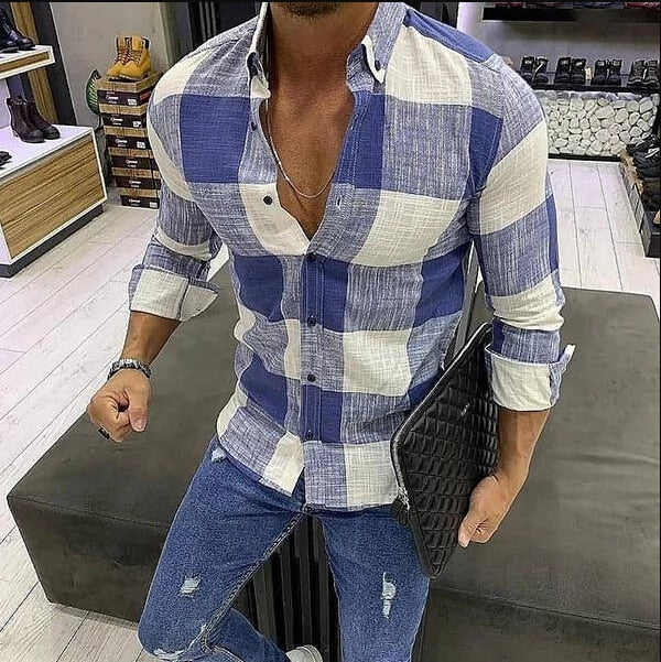 Fashion Men's Plaid Leopard Printed Shirts Casual Cotton Linen Shirt Mens Tops Button Down Classic Tees Shirt
