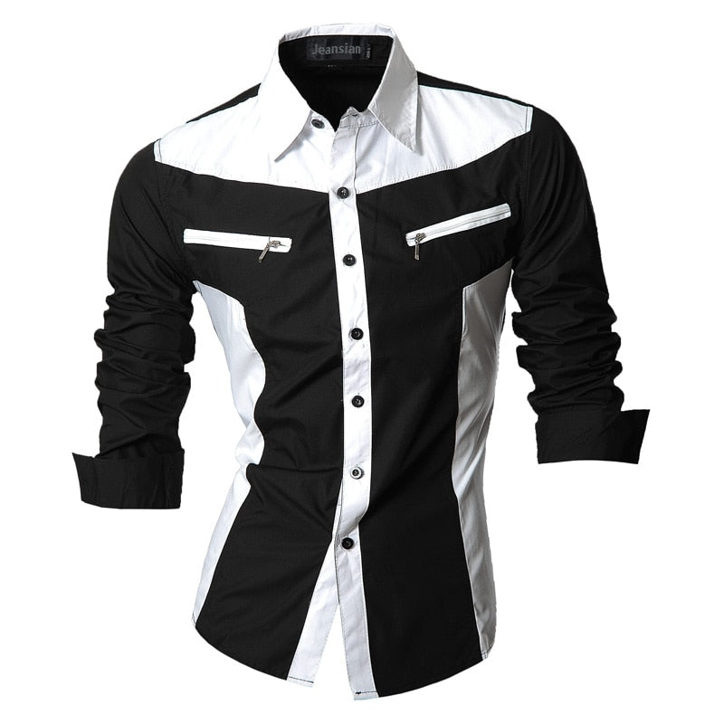 Spring Autumn Features Shirts Men Casual Shirt Long Sleeve Slim Fit Male Shirts Zipper Decoration (No Pockets)